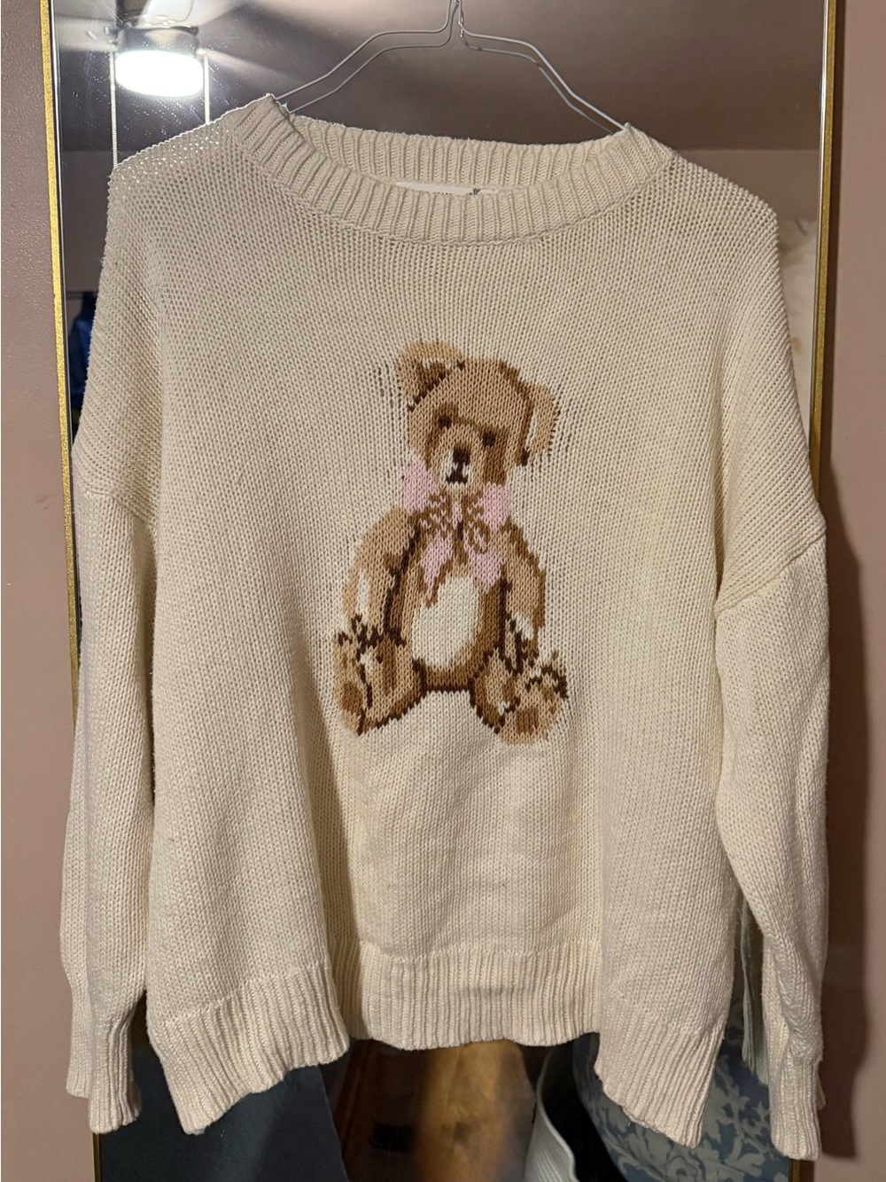Altar'd State Cream Knit Sweater with Teddy Bear Motif